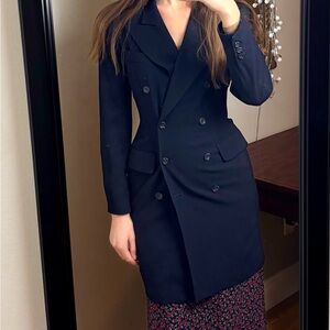 Vintage Ann Taylor Navy Blue Wool long Blazer Jacket Coat Tailored Fit